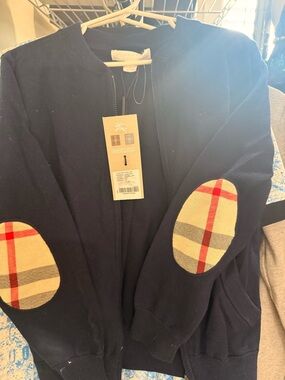 Burberry Navy Sweater with Beige Plaid Elbow Patches